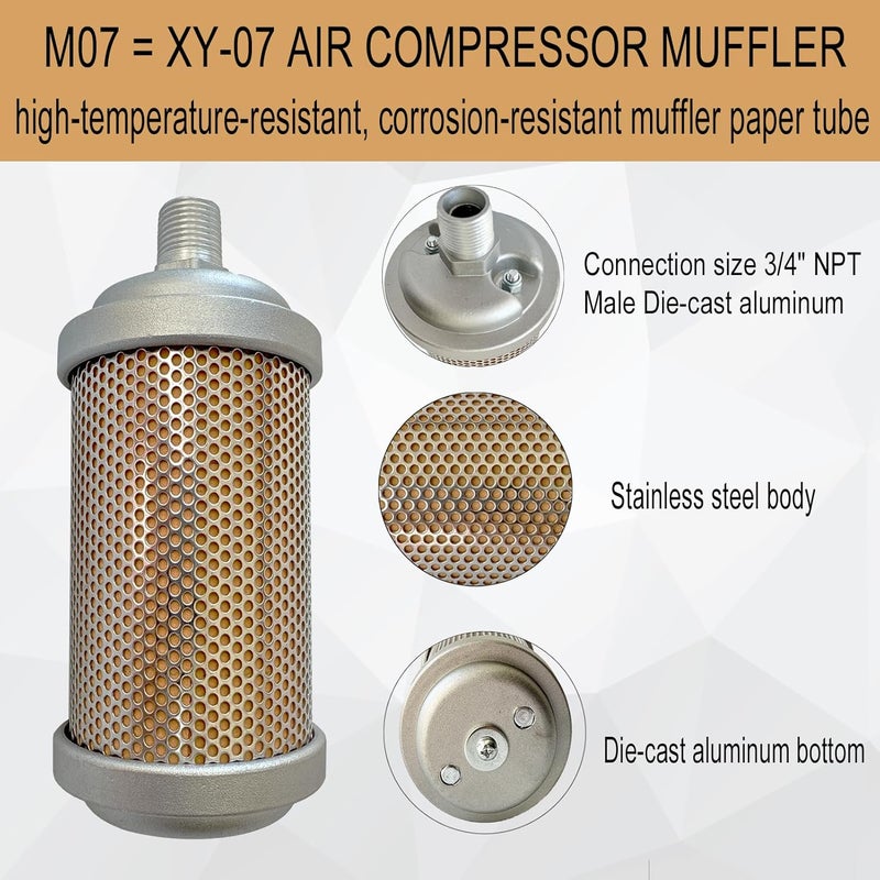 Bounetim كتم صوت ضاغط الهواء M07 XY-07 3/4" NPT ذكر، كاتم صوت لتنفيس الهواء لمعدات وأنظمة الهواء المضغوط، غرفة واحدة 145 PSI - Image 2